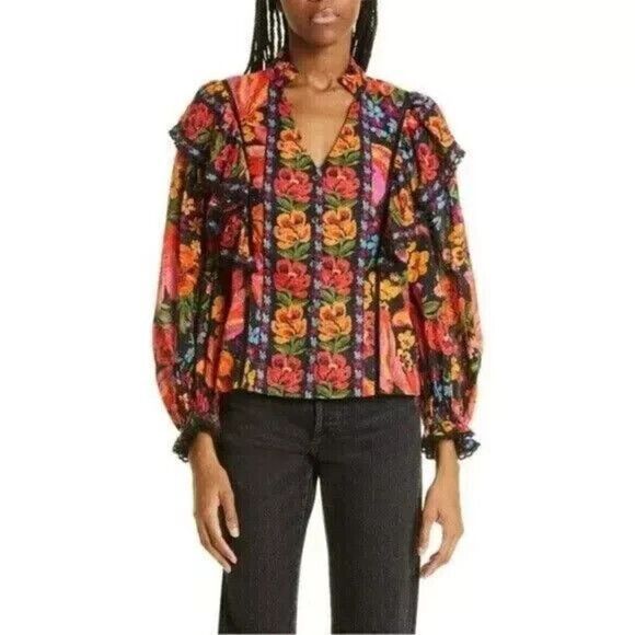 NEW FARM RIO Printed Spring Bananas Red Black Floral Blouse size Small - Picture 1 of 5